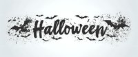 Spooky Halloween text banner with flying bats and grunge texture effect on white background, isolated design element for seasonal decoration.