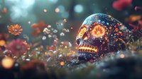 Ornate sugar skull with glowing floral patterns amid cosmos flowers in mystical garden setting, illuminated by ethereal bokeh lights and floating petals in dreamy atmosphere.