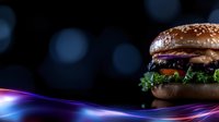 Juicy cheeseburger with fresh lettuce and sesame bun on dark background with colorful neon light waves, modern food photography for restaurant menu design.