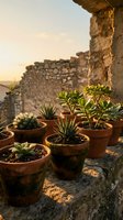 Potted succulents arranged on weathered stone ledge against ancient ruins at golden hour, showcasing desert plants in terracotta containers with warm sunset lighting and architectural backdrop.