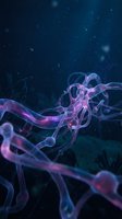 Abstract purple and pink flowing ribbons with glowing particles on dark blue background for digital art and science fiction designs.