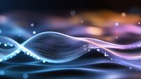 Glowing digital wave particles flow in abstract motion against dark background with blue and purple gradient light effects and bokeh elements.