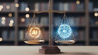 Balance scales with glowing AI artificial intelligence symbols on each side representing technology ethics, decision making and digital justice concepts.