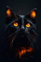 Mystical black cat with glowing amber eyes and fiery orange accents against dark background, creating dramatic supernatural effect.