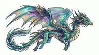 Mythical dragon with iridescent wings and scales in shades of turquoise, purple, and gold, isolated on white background. Suitable for fantasy designs.