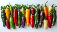 Colorful assortment of fresh chili peppers including jalapeno, serrano, habanero and other hot varieties arranged in row on white background for food photography.