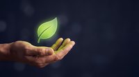 Male hands gently holding glowing green leaf symbol representing environmental protection, sustainability and eco-friendly business growth concept.