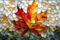 Vibrant autumn maple leaf mosaic artwork featuring rich red and orange gradients against textured background of broken geometric shapes in neutral tones.