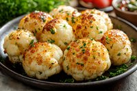 Roasted cauliflower florets seasoned with herbs and spices on rustic plate, garnished with fresh parsley. Close up view of vegetarian appetizer with golden crust.
