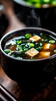 Steaming miso soup with tofu cubes, green onions and seaweed in black ceramic bowl, dark moody food photography with natural lighting and steam rising.