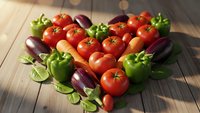 Fresh organic vegetables arranged in heart shape on wooden table with tomatoes peppers eggplants and herbs for healthy cooking and nutrition concept.