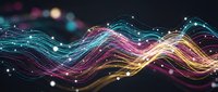 Abstract digital wave pattern with glowing neon lines and particles on dark background for technology and data visualization concepts.
