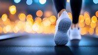 Close-up of athletic shoe sole on urban pavement with warm bokeh lights creating dynamic evening workout atmosphere for fitness and running concepts.