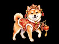 Cute Shiba Inu dog in red Chinese New Year costume with lantern and firecrackers, isolated on transparent background, ready for stickers, clipart, and t-shirt design.