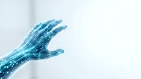 Digital hand with glowing blue network particles and data streams, representing artificial intelligence, technology innovation, and digital transformation for tech concepts.