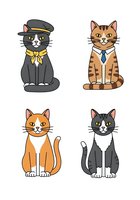 Four cartoon cats in different poses and outfits, isolated on white background. Gray cat wearing cap and yellow bow tie, orange tabby with blue tie, orange and white cat, black and white cat. Clipart for design projects.