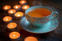 Vintage turquoise teacup with floral pattern filled with hot tea, surrounded by glowing tealight candles creating cozy atmosphere on dark wooden surface.