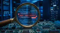 Cybersecurity threat detection alert displayed on computer screen with magnifying glass highlighting security breach warning in modern data center environment.
