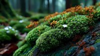 Lush green moss growing on forest floor with orange fungi and small white mushrooms in mystical woodland environment.