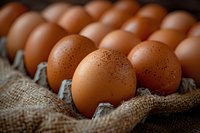 Fresh brown chicken eggs in cardboard tray with burlap fabric, close-up view showing natural speckled eggshell texture in warm lighting for food photography.
