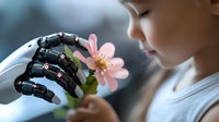 Robotic hand holding delicate pink flower while young Asian child observes in wonder, representing artificial intelligence, technology and human connection.