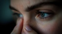 Close-up macro shot of intense blue eyes and defined eyebrows of young caucasian woman in dramatic lighting, showing emotion and determination in dark atmosphere.