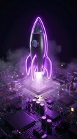 Neon glowing rocket with purple light launching from circuit board, symbolizing startup growth, innovation, and technology advancement for business concepts.