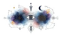 Mystical esoteric symbols with sacred geometry, third eye, moon phases and spiritual elements on cosmic watercolor background for metaphysical designs.