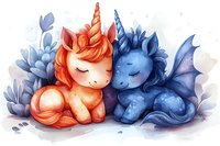 Adorable orange unicorn and blue dragon sleeping together surrounded by soft floral elements in gentle watercolor style, fantasy art for nursery decor.