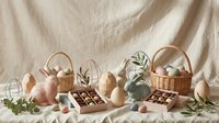 Easter celebration setup with wicker baskets, chocolate eggs, pastel decorations and natural elements on neutral fabric background for spring holidays.