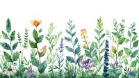 Watercolor wildflower meadow with green herbs, lavender, and orange blooms on white background. Perfect for nature-inspired designs.