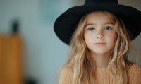 Young Caucasian girl with long blonde hair wearing black hat and beige sweater looking directly at camera with innocent expression against blurred background.
