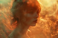 Young woman with curly hair in golden sunset light among wild grass and plants, soft dreamy atmosphere creates romantic mood for lifestyle and beauty content.