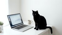 Black cat sitting on white desk next to laptop computer in modern home office workspace for remote work and pet companionship.