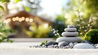 Balanced zen stones with white wildflowers in garden setting, soft bokeh background creates peaceful atmosphere for wellness and meditation concepts.