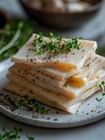 Fresh sliced turkey breast stacked on ceramic plate, garnished with microgreens and black pepper, close-up food photography with natural lighting.