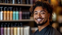 Young African American male hairstylist with curly hair and bright smile wearing black salon uniform against blurred background of hair product bottles.