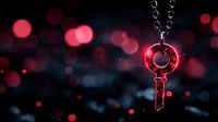 Glowing red key pendant on chain against dark background with bokeh lights creating magical atmosphere. Suitable for mystery and fantasy designs.