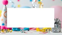 Blank white card mockup with colorful party decorations, confetti, ribbons and gift boxes for birthday celebration design templates.