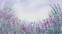 Watercolor lavender field with bees flying among purple flowers creating natural frame on soft textured background for aromatherapy and wellness designs.