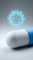 Medication capsule releasing glowing turquoise particles against neutral background, representing pharmaceutical efficacy, drug delivery, and medical treatment for healthcare and wellness design.