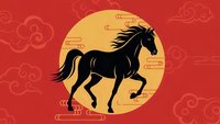 Black horse silhouette galloping against golden circle on red background with traditional Asian cloud patterns for Chinese New Year celebrations.