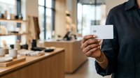 Male barista or coffee shop employee in dark uniform holding blank white business card in modern café interior with wooden counter and blurred background for branding and hospitality marketing.