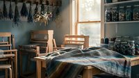 Cozy rustic bedroom interior with wooden furniture, colorful striped bedding, dried herbs hanging from ceiling, natural sunlight streaming through window.