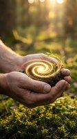 Hands holding soil with glowing spiral energy and green plant sprout symbolizing growth, renewal and environmental protection in golden sunlight.