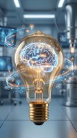Glowing light bulb with human brain inside surrounded by digital innovation icons in modern laboratory setting for creative technology concepts.