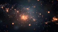 Glowing orange sparks and light trails against dark background with connecting dots forming network pattern, creating magical atmospheric effect.