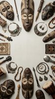 Traditional African tribal masks, jewelry, instruments and cultural artifacts arranged in circular frame on neutral background for ethnic decor.