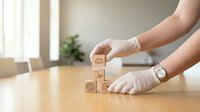 Hands in protective gloves arranging wooden blocks with healthcare symbols on desk for medical safety and hygiene concept in bright office setting.