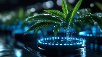 Fresh cannabis plant growing in modern hydroponic system with blue LED lights and water drops, closeup view showing technological approach to indoor cultivation.